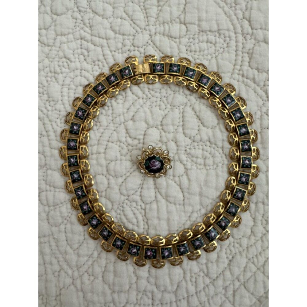 Vintage 1950-1960 guilloche enamel rose gold tone necklace and brooch set.